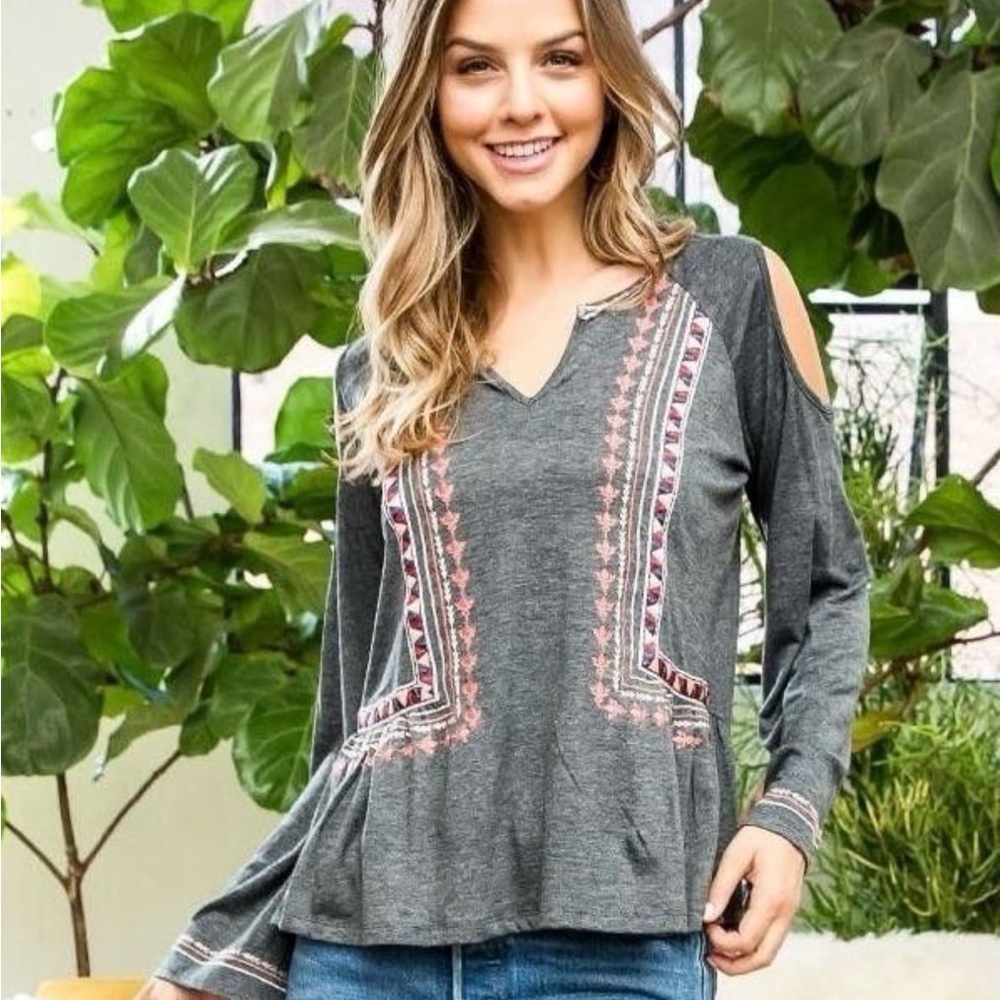 Women's Charcoal Cold-Shoulder Embroidered V-Neck Jersey Top Sz XS